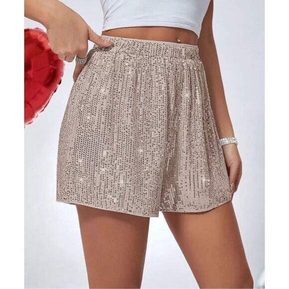 Cotton Bleu Pants - Cotton Bleu Women Gold Sequin Shorts Stretchy Waist lined Size S/M/L/XL NWT